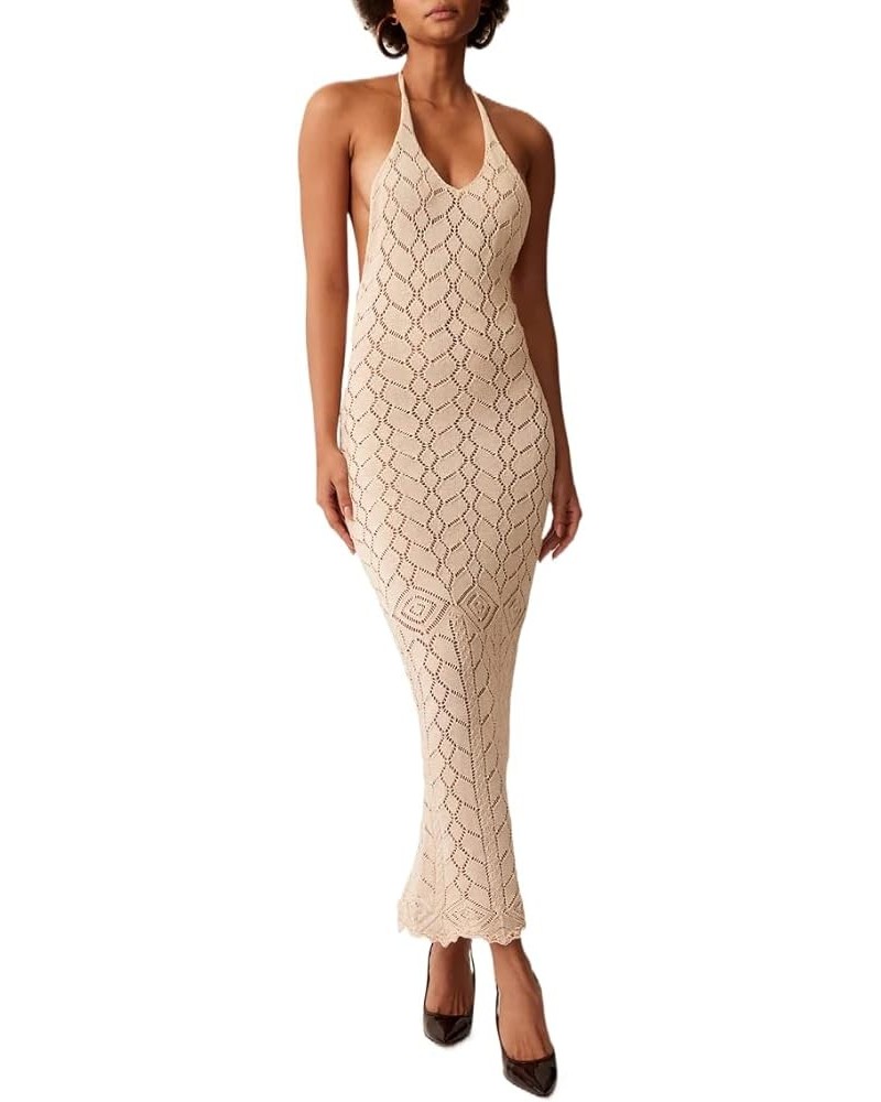 Sexy See Through Sheer Lace Maxi Dress Patchwork Backless Bodycon Long Dresses Beach Vacation Party Wear Halter Tie White $14...