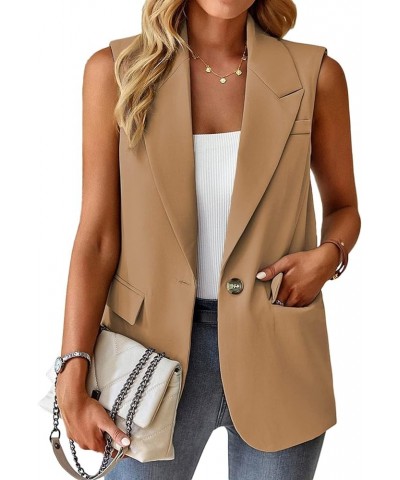 Sleeveless Blazer Vest for Women Casual Lightweight Lapel Button Office Business Suit Blazer Vest With Pockets Brown $20.24 V...