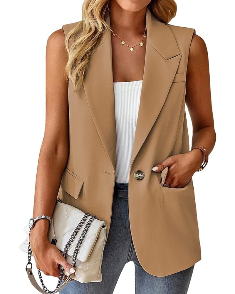 Sleeveless Blazer Vest for Women Casual Lightweight Lapel Button Office Business Suit Blazer Vest With Pockets Brown $20.24 V...