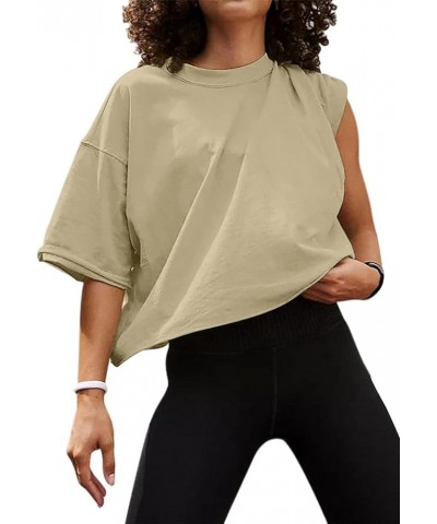 Womens Oversized Crop Tops Workout T-Shirt Half Sleeve Drop Shoulder Tees Junior Teen Girls Running Gym Shirt A Khaki $13.74 ...