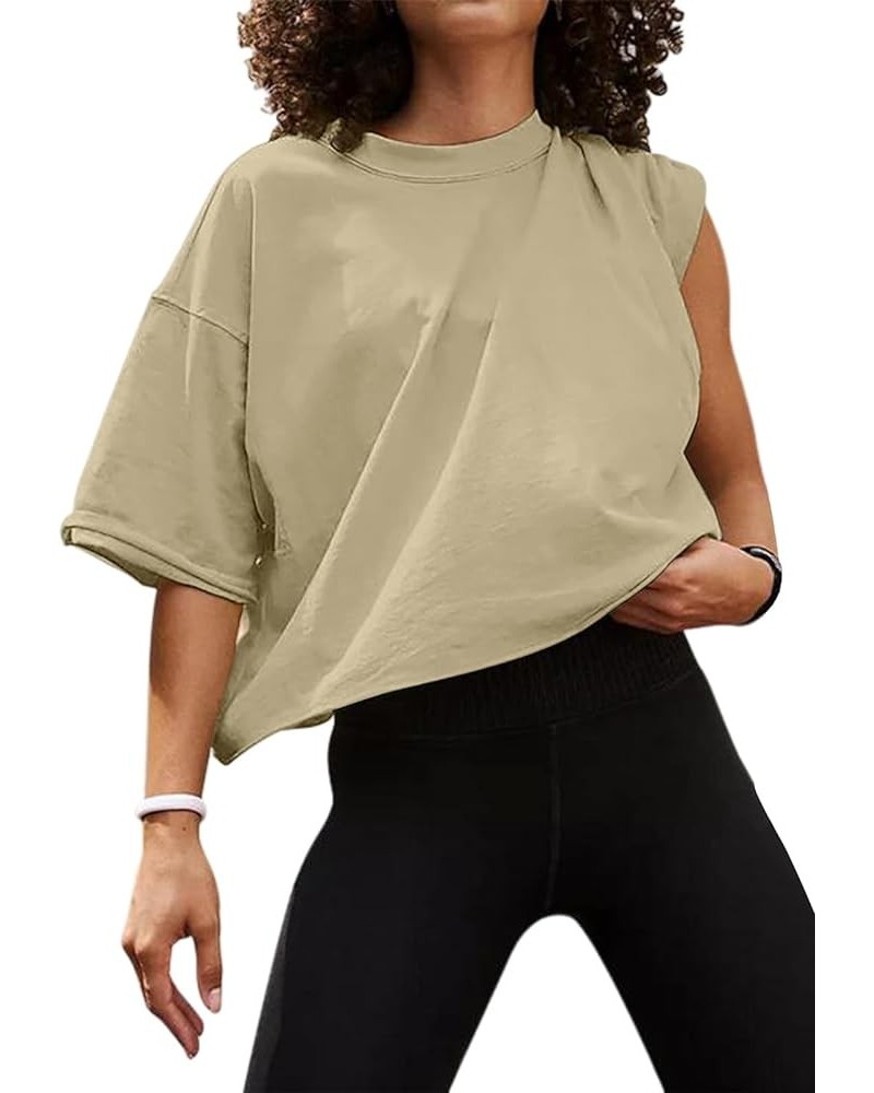 Womens Oversized Crop Tops Workout T-Shirt Half Sleeve Drop Shoulder Tees Junior Teen Girls Running Gym Shirt A Khaki $13.74 ...