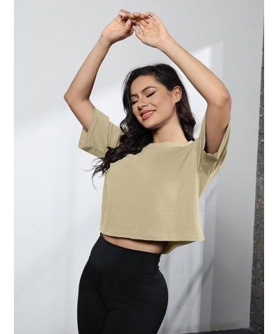 Womens Oversized Crop Tops Workout T-Shirt Half Sleeve Drop Shoulder Tees Junior Teen Girls Running Gym Shirt A Khaki $13.74 ...