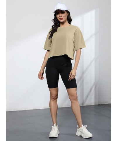 Womens Oversized Crop Tops Workout T-Shirt Half Sleeve Drop Shoulder Tees Junior Teen Girls Running Gym Shirt A Khaki $13.74 ...