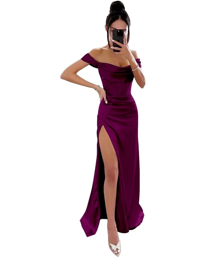 Off Shoulder Bridesmaid Dresses for Women Ruched Satin Long Formal Gown Mermaid Prom Dress with Slit EV9712 Plum $25.49 Dresses