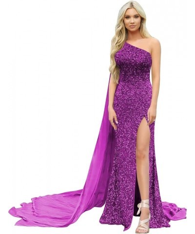 One Shoulder Sequin Prom Dresses with Cape Mermaid Evening Gowns Slit Backless Formal Dress Fuchsia $40.80 Dresses