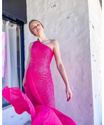 One Shoulder Sequin Prom Dresses with Cape Mermaid Evening Gowns Slit Backless Formal Dress Fuchsia $40.80 Dresses