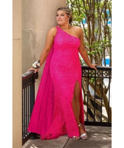 One Shoulder Sequin Prom Dresses with Cape Mermaid Evening Gowns Slit Backless Formal Dress Fuchsia $40.80 Dresses