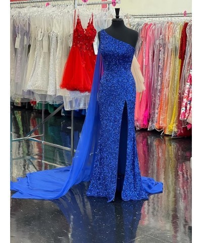 One Shoulder Sequin Prom Dresses with Cape Mermaid Evening Gowns Slit Backless Formal Dress Fuchsia $40.80 Dresses