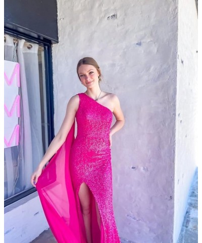 One Shoulder Sequin Prom Dresses with Cape Mermaid Evening Gowns Slit Backless Formal Dress Fuchsia $40.80 Dresses