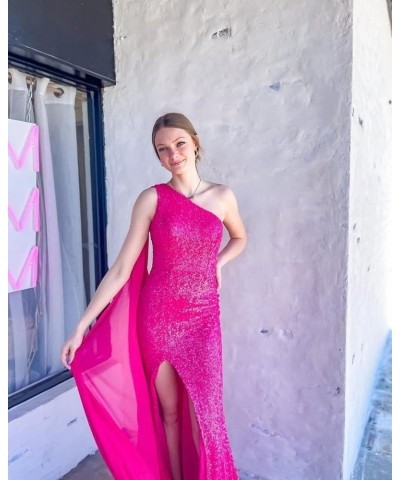 One Shoulder Sequin Prom Dresses with Cape Mermaid Evening Gowns Slit Backless Formal Dress Fuchsia $40.80 Dresses