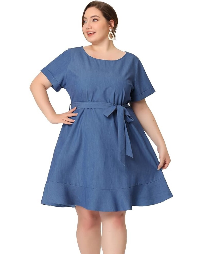 Plus Size Dresses for Women 2023 Summer Tie Waist Short Sleeve Ruffle Midi Chambray Denim Dress Dark Blue $19.80 Dresses