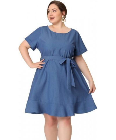 Plus Size Dresses for Women 2023 Summer Tie Waist Short Sleeve Ruffle Midi Chambray Denim Dress Dark Blue $19.80 Dresses