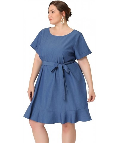 Plus Size Dresses for Women 2023 Summer Tie Waist Short Sleeve Ruffle Midi Chambray Denim Dress Dark Blue $19.80 Dresses