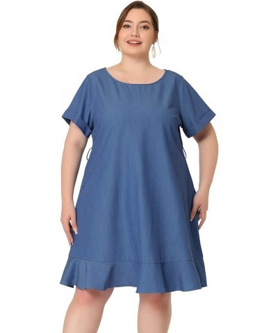 Plus Size Dresses for Women 2023 Summer Tie Waist Short Sleeve Ruffle Midi Chambray Denim Dress Dark Blue $19.80 Dresses