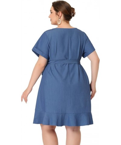 Plus Size Dresses for Women 2023 Summer Tie Waist Short Sleeve Ruffle Midi Chambray Denim Dress Dark Blue $19.80 Dresses