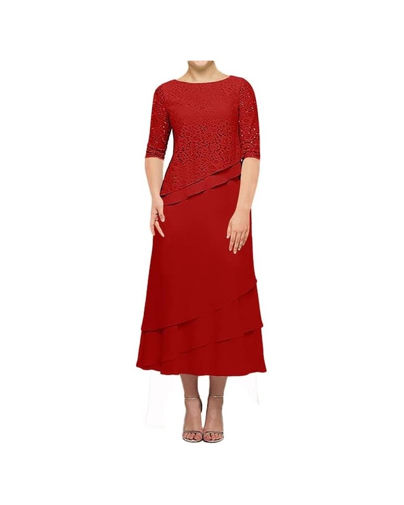 Mother of The Bride Dresses Lace Mother of Groom Dresses Chiffon Wedding Guest Dresses for Women Tea Length Red $38.99 Dresses