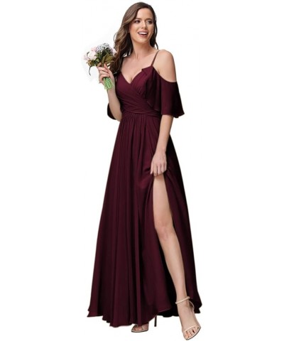 Women's Long Spaghetti Straps Bridesmaid Dress with Slit Off Shoulder Chiffon Formal Party Gowns MDPM128 Burgundy $33.60 Dresses