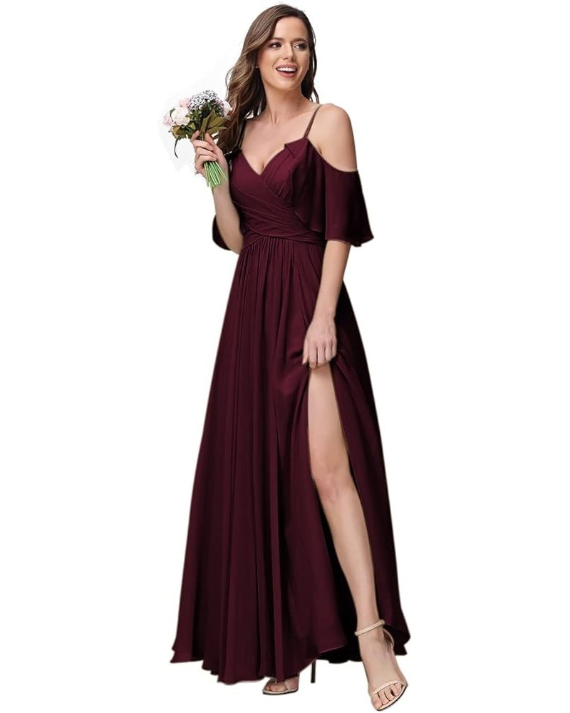 Women's Long Spaghetti Straps Bridesmaid Dress with Slit Off Shoulder Chiffon Formal Party Gowns MDPM128 Burgundy $33.60 Dresses