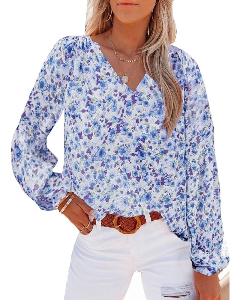 Long Sleeve Boho Tops for Women Hippie V Neck Print Shirts Dressy Casual Loose Long Sleeve Blouses S-2XL A Blue $10.31 Blouses