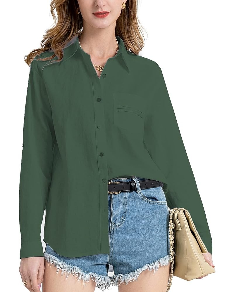 Womens Cotton Linen Button Down Shirt Blouse Fashion 2023 Roll Up Sleeve Casual Work Dressy Tops with Pocket Army Green $11.7...