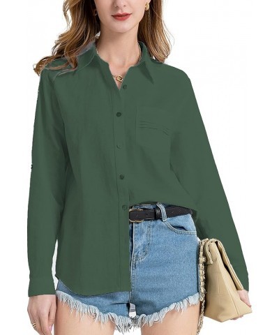 Womens Cotton Linen Button Down Shirt Blouse Fashion 2023 Roll Up Sleeve Casual Work Dressy Tops with Pocket Army Green $11.7...