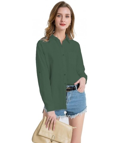 Womens Cotton Linen Button Down Shirt Blouse Fashion 2023 Roll Up Sleeve Casual Work Dressy Tops with Pocket Army Green $11.7...