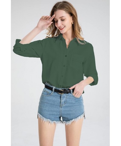 Womens Cotton Linen Button Down Shirt Blouse Fashion 2023 Roll Up Sleeve Casual Work Dressy Tops with Pocket Army Green $11.7...