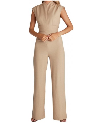 Summer Jumpsuits for Women Sexy High Waisted Overalls Solid Color Sleeveless Rompers Wide Leg Long Pants Tracksuit Khaki $12....