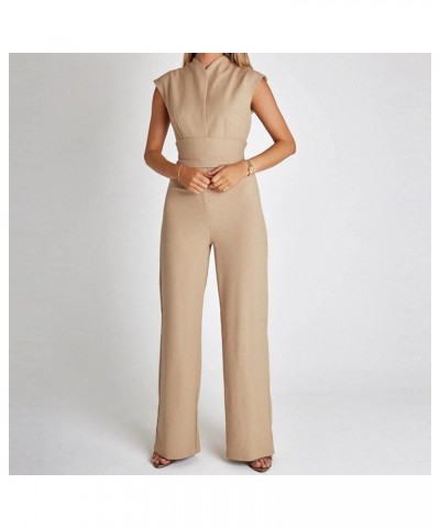 Summer Jumpsuits for Women Sexy High Waisted Overalls Solid Color Sleeveless Rompers Wide Leg Long Pants Tracksuit Khaki $12....