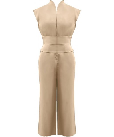 Summer Jumpsuits for Women Sexy High Waisted Overalls Solid Color Sleeveless Rompers Wide Leg Long Pants Tracksuit Khaki $12....