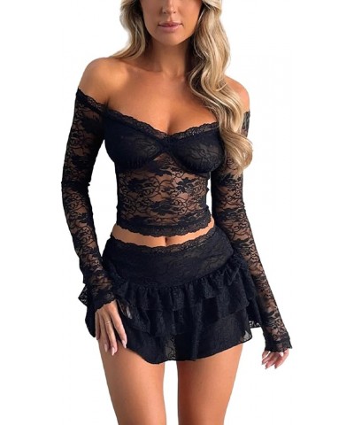 Women Y2k Lace 2 Piece Skirt Set See Through Mesh Lace Crop Top Bodycon Mini Skirt Set Ruffle Going Out Outfits Ruffle Black ...