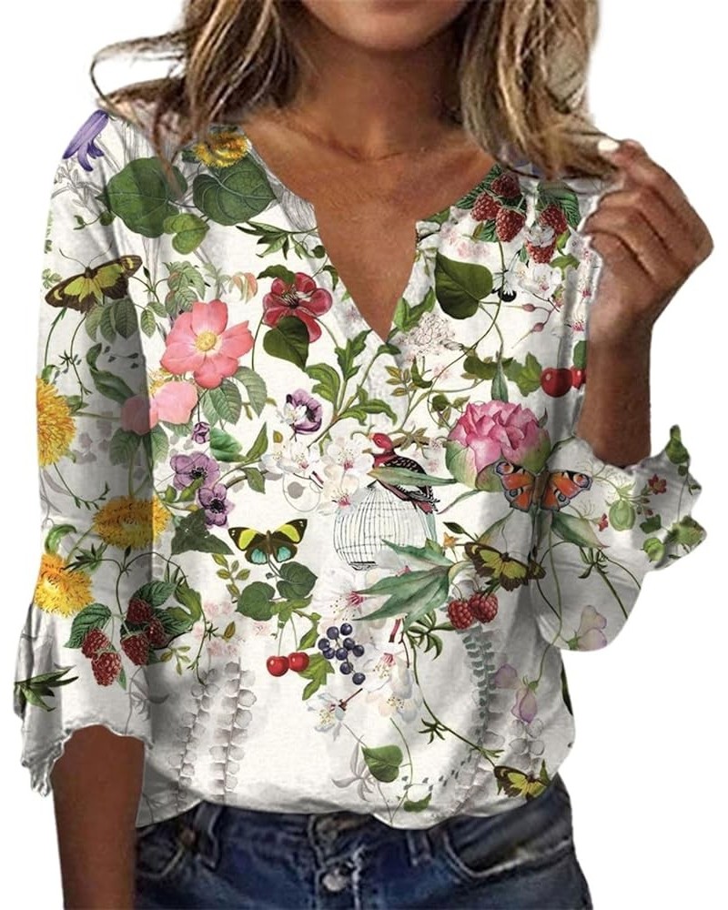 Womens Tops Dressy Casual, Women's Vintage Printed Shirt Bell V Neck 3/4 Sleeve T-Shirt Tops 4-khaki $7.71 T-Shirts