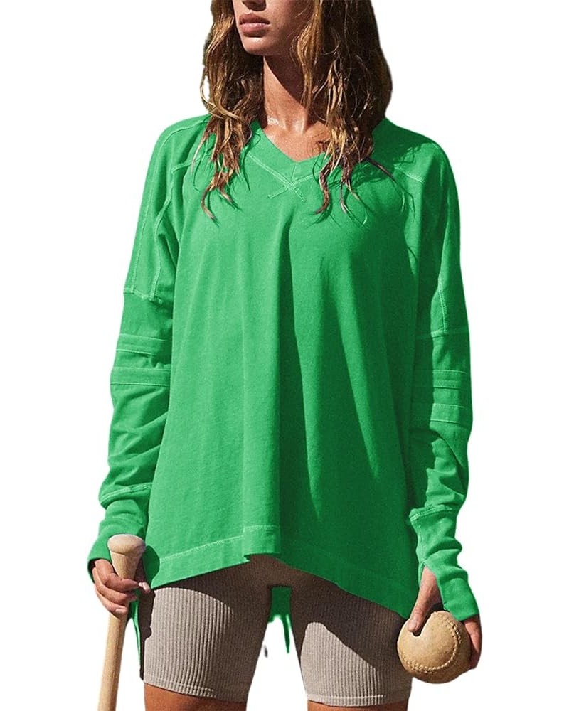 Women's Oversized Long Sleeve Tee Shirt Tshirt Pull-on Basic V Neck T Shirt Blouse Tunic Top with Thumbholes Green $16.50 Tops