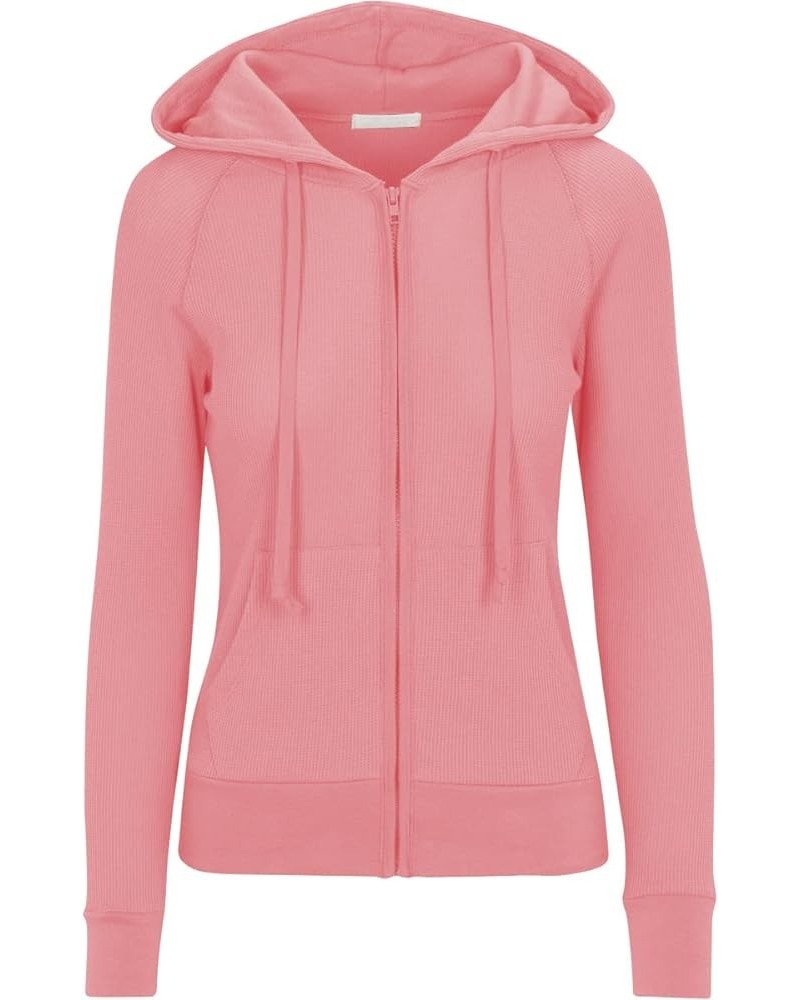 Women's Waffle Knit Thermal Cotton Lightweight Zip Up Hoodie Jacket Pink $14.40 Hoodies & Sweatshirts