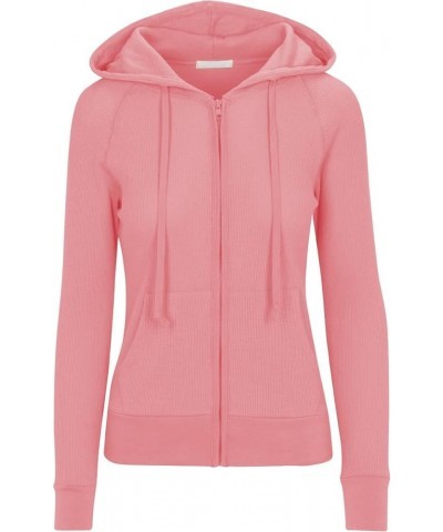 Women's Waffle Knit Thermal Cotton Lightweight Zip Up Hoodie Jacket Pink $14.40 Hoodies & Sweatshirts