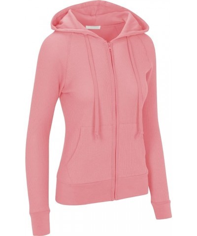 Women's Waffle Knit Thermal Cotton Lightweight Zip Up Hoodie Jacket Pink $14.40 Hoodies & Sweatshirts