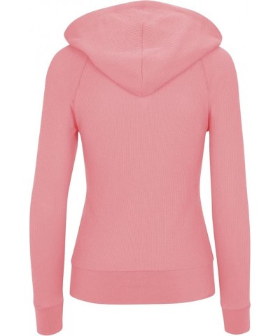 Women's Waffle Knit Thermal Cotton Lightweight Zip Up Hoodie Jacket Pink $14.40 Hoodies & Sweatshirts