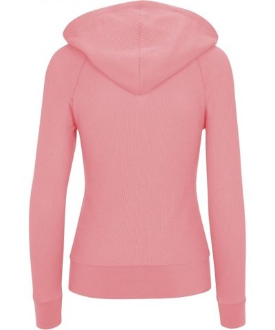 Women's Waffle Knit Thermal Cotton Lightweight Zip Up Hoodie Jacket Pink $14.40 Hoodies & Sweatshirts