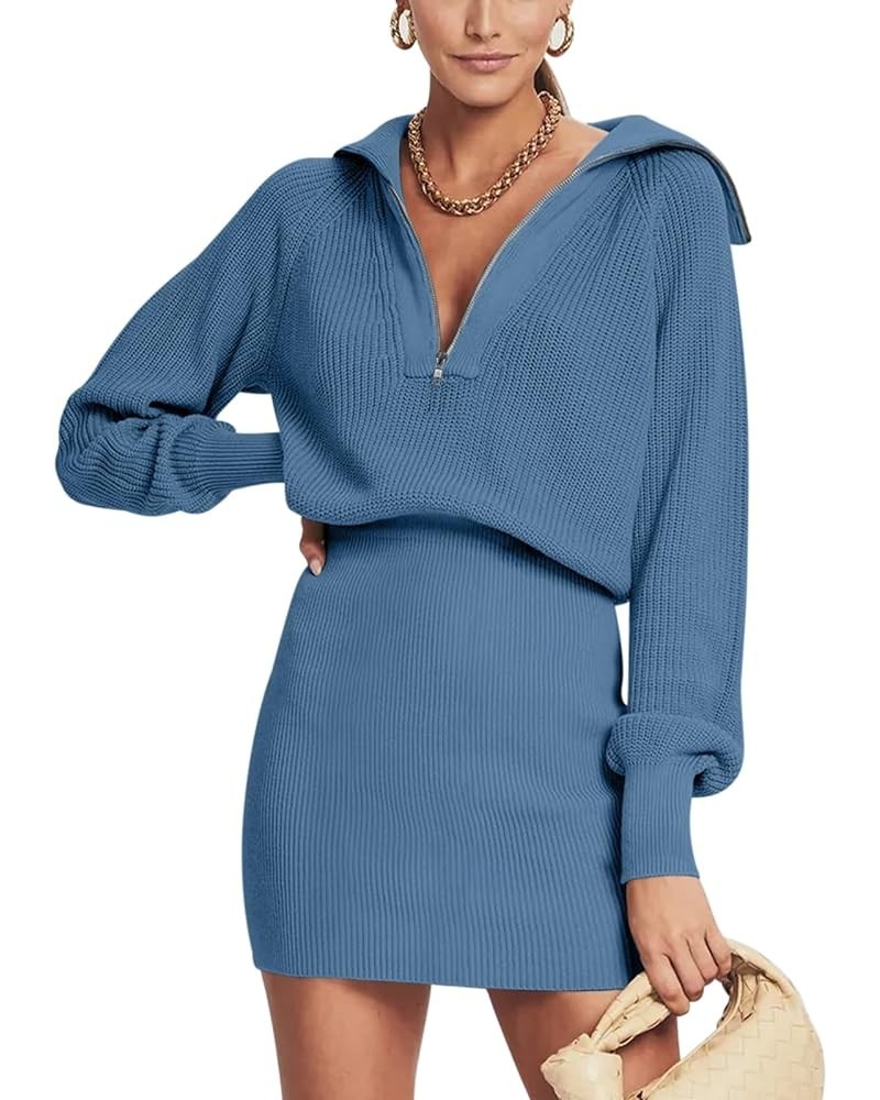 Women's Casual Long Sleeve Bodycon Sweater Dresses Fall Half Zip V Neck Slim Fit Ribbed Knitted Mini Dress Blue $27.72 Sweaters