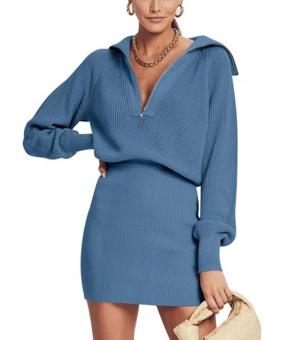 Women's Casual Long Sleeve Bodycon Sweater Dresses Fall Half Zip V Neck Slim Fit Ribbed Knitted Mini Dress Blue $27.72 Sweaters