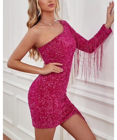 One Shoulder Sparkly Sequin Homecoming Dresses Long Sleeve Tassel Bodycon Short Prom Dresses for Women Formal Silver $45.36 D...