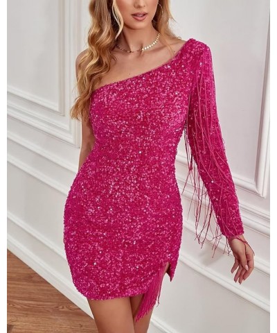 One Shoulder Sparkly Sequin Homecoming Dresses Long Sleeve Tassel Bodycon Short Prom Dresses for Women Formal Silver $45.36 D...