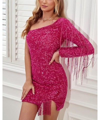 One Shoulder Sparkly Sequin Homecoming Dresses Long Sleeve Tassel Bodycon Short Prom Dresses for Women Formal Silver $45.36 D...