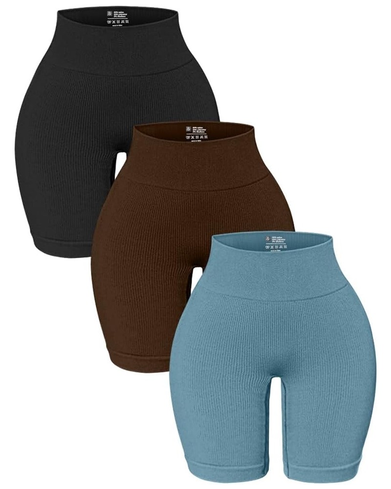 3 Pack High Waisted Yoga Shorts for Women Ribbed Seamless Tummy Control Workout Athletic Shorts Black Coffee Blue1 $11.59 Act...