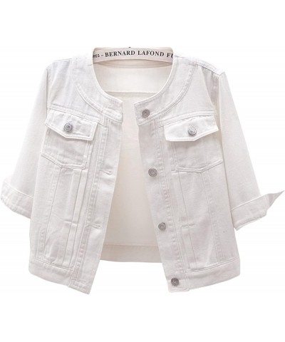 Womens 3/4 Sleeve Short Denim Jacket Collarless Light Cropped Denim Jean Jackets Shrug Top White $20.99 Jackets