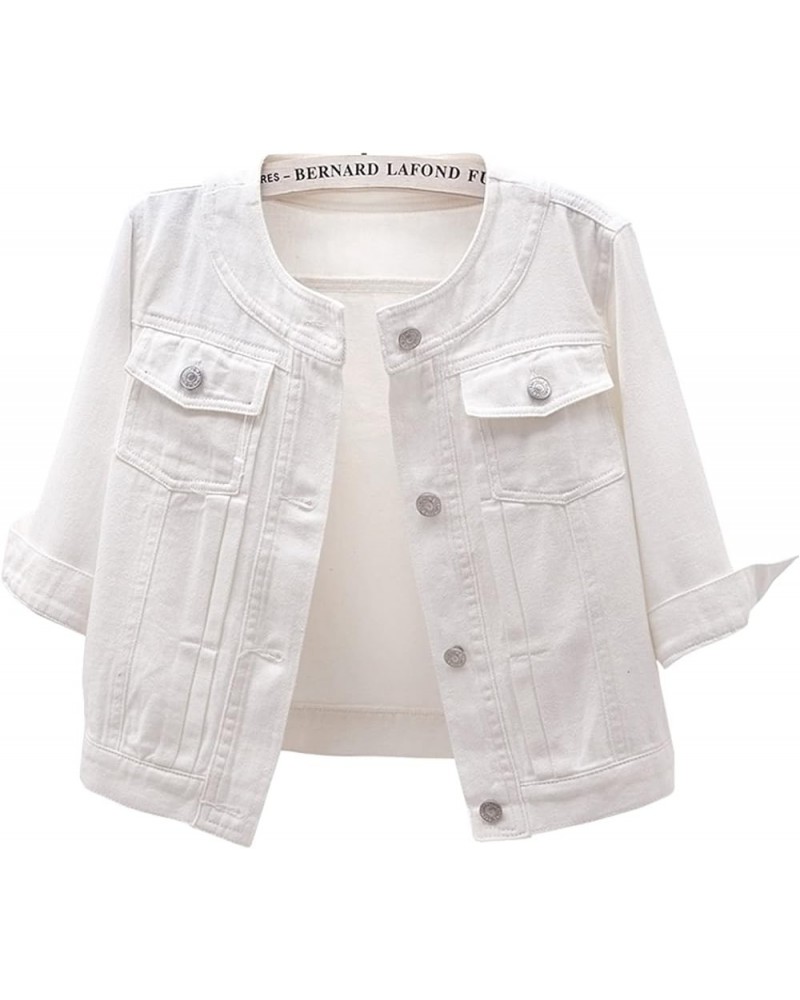 Womens 3/4 Sleeve Short Denim Jacket Collarless Light Cropped Denim Jean Jackets Shrug Top White $20.99 Jackets