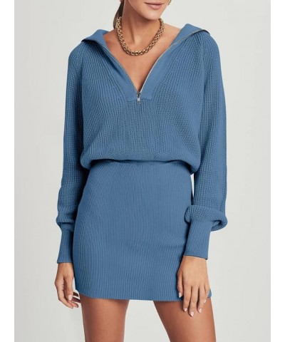 Women's Casual Long Sleeve Bodycon Sweater Dresses Fall Half Zip V Neck Slim Fit Ribbed Knitted Mini Dress Blue $27.72 Sweaters