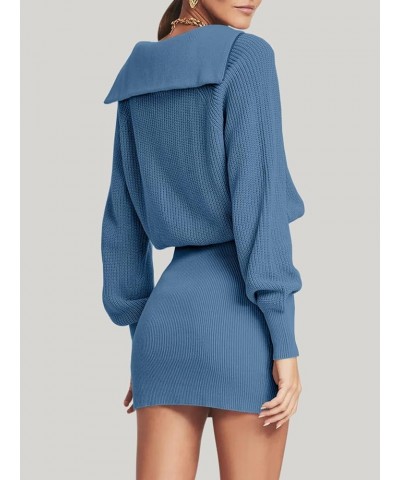 Women's Casual Long Sleeve Bodycon Sweater Dresses Fall Half Zip V Neck Slim Fit Ribbed Knitted Mini Dress Blue $27.72 Sweaters