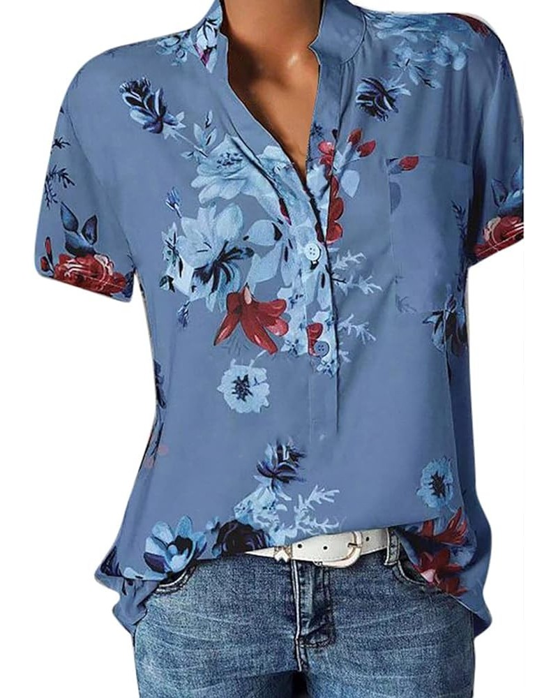 Women Button Down Henley Shirts Short Sleeve Boho Blouses V Neck Vintage Floral Trendy Tunic Tops with Pocket 01-blue $7.35 Tops