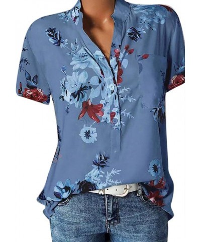 Women Button Down Henley Shirts Short Sleeve Boho Blouses V Neck Vintage Floral Trendy Tunic Tops with Pocket 01-blue $7.35 Tops